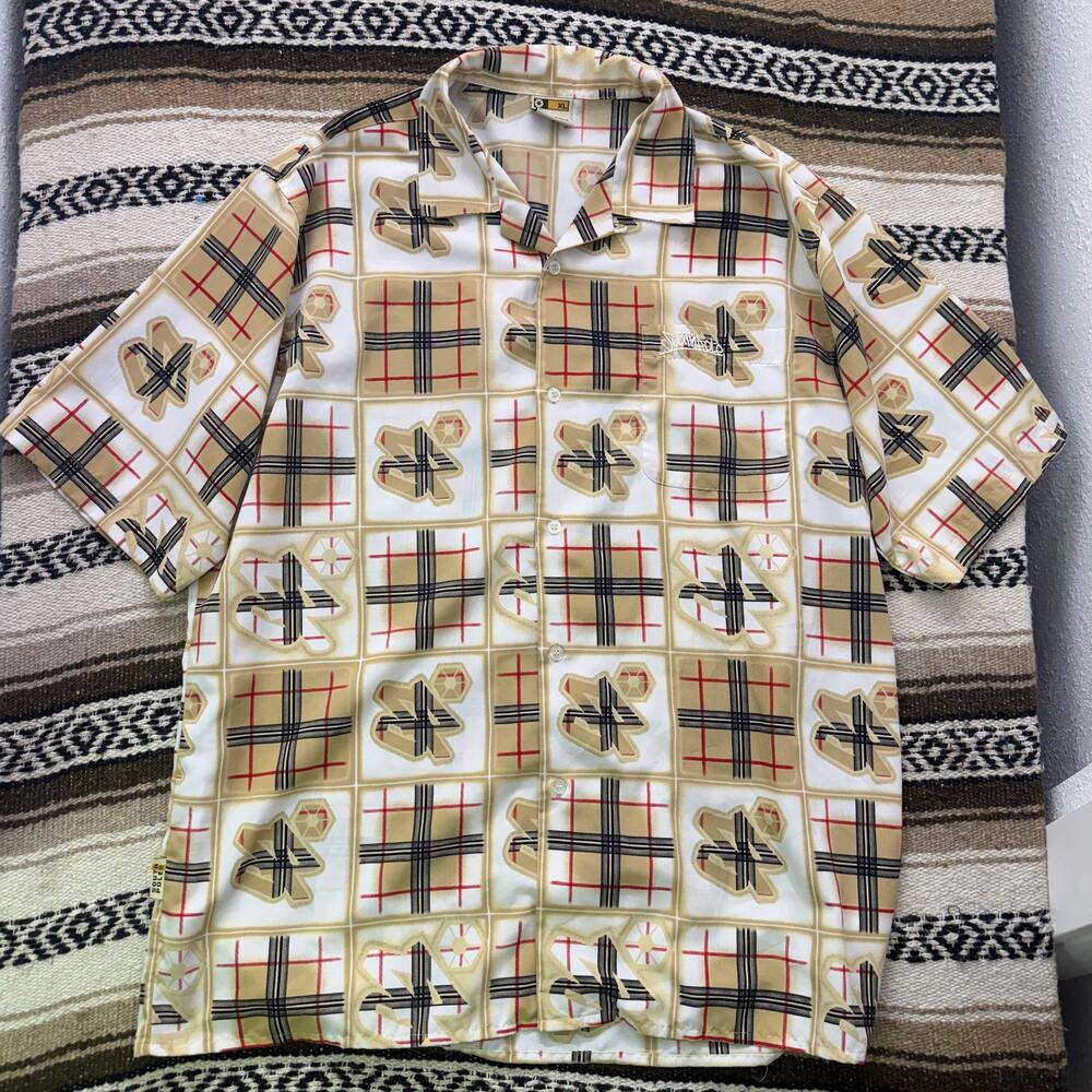 Men's Vintage Y2k SouthPole White Brown Geometric Baggy Button Up Shirt Sz XL